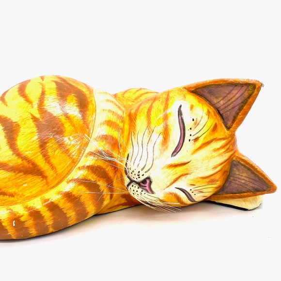 Hand Carved Curled Up Sleeping yellow Tabby Cat